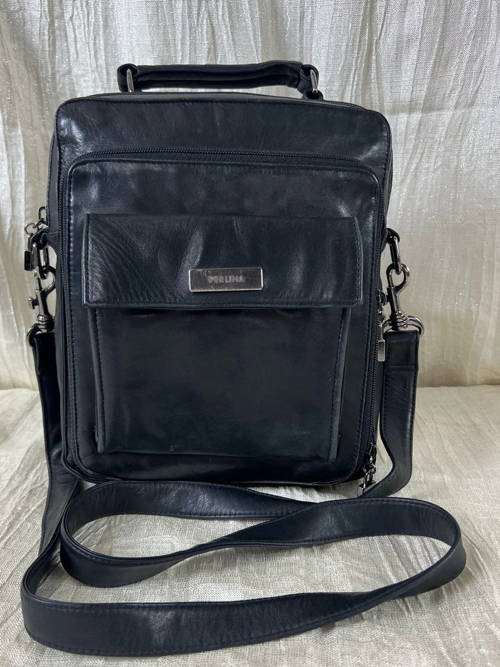 Vintage Perlina Black Leather Organizer Tablet Crossbody Messenger Travel Bag